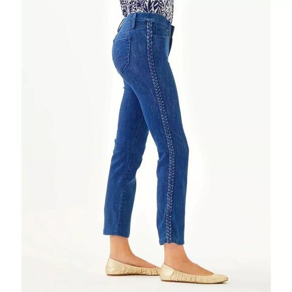 Lilly Pulitzer South Ocean Crop Flare Braided Bay Ave Denim Jeans, Sz 4 - Picture 2 of 6